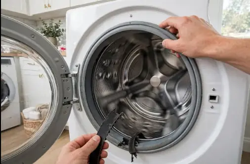 Hands replacing the rubber door gasket on a front-load washer